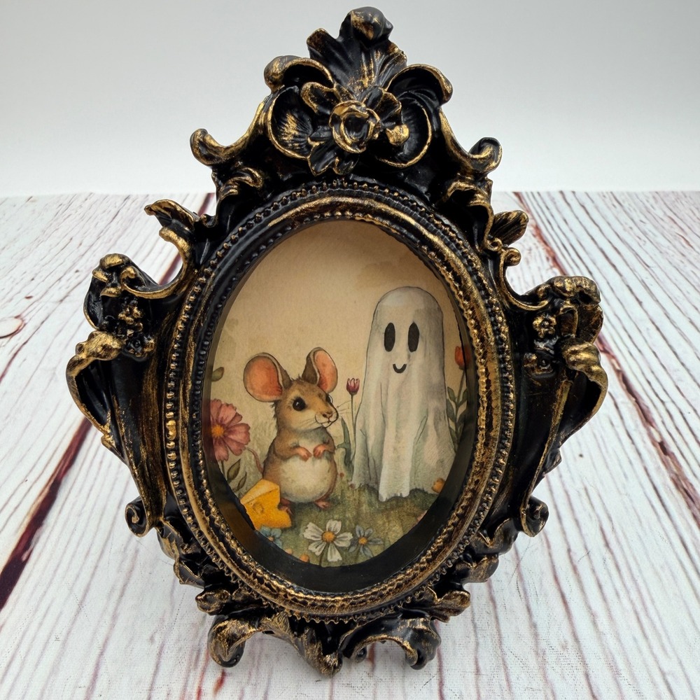 Handmade Ghost and Mouse Decoupage Art Ornate Black Gold Resin Frame